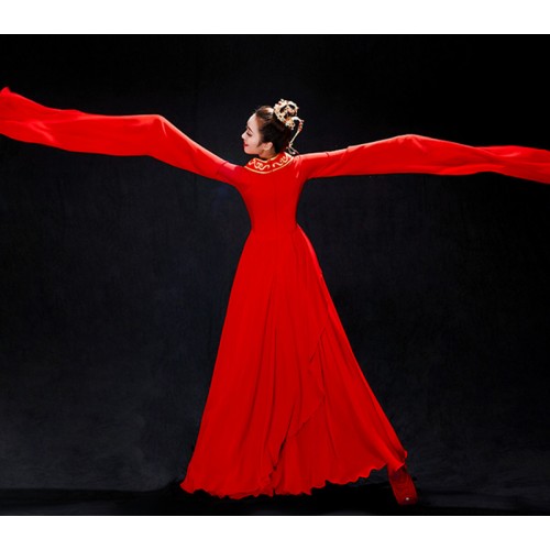 Red color Waterfall sleeve Chinese folk  classical dance costume for women girls elegant Chinese style Caiwei Jinghong dance Hanfu fan dance wear for woman